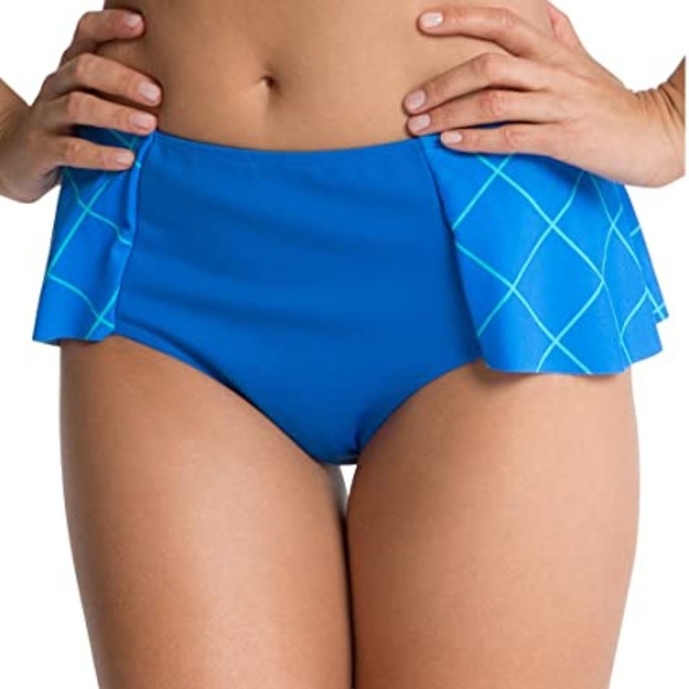 NWT SPANX Shapewear UPF 50+ Flirty Skirted Blue Grid Line Bikini Bottoms Size 6